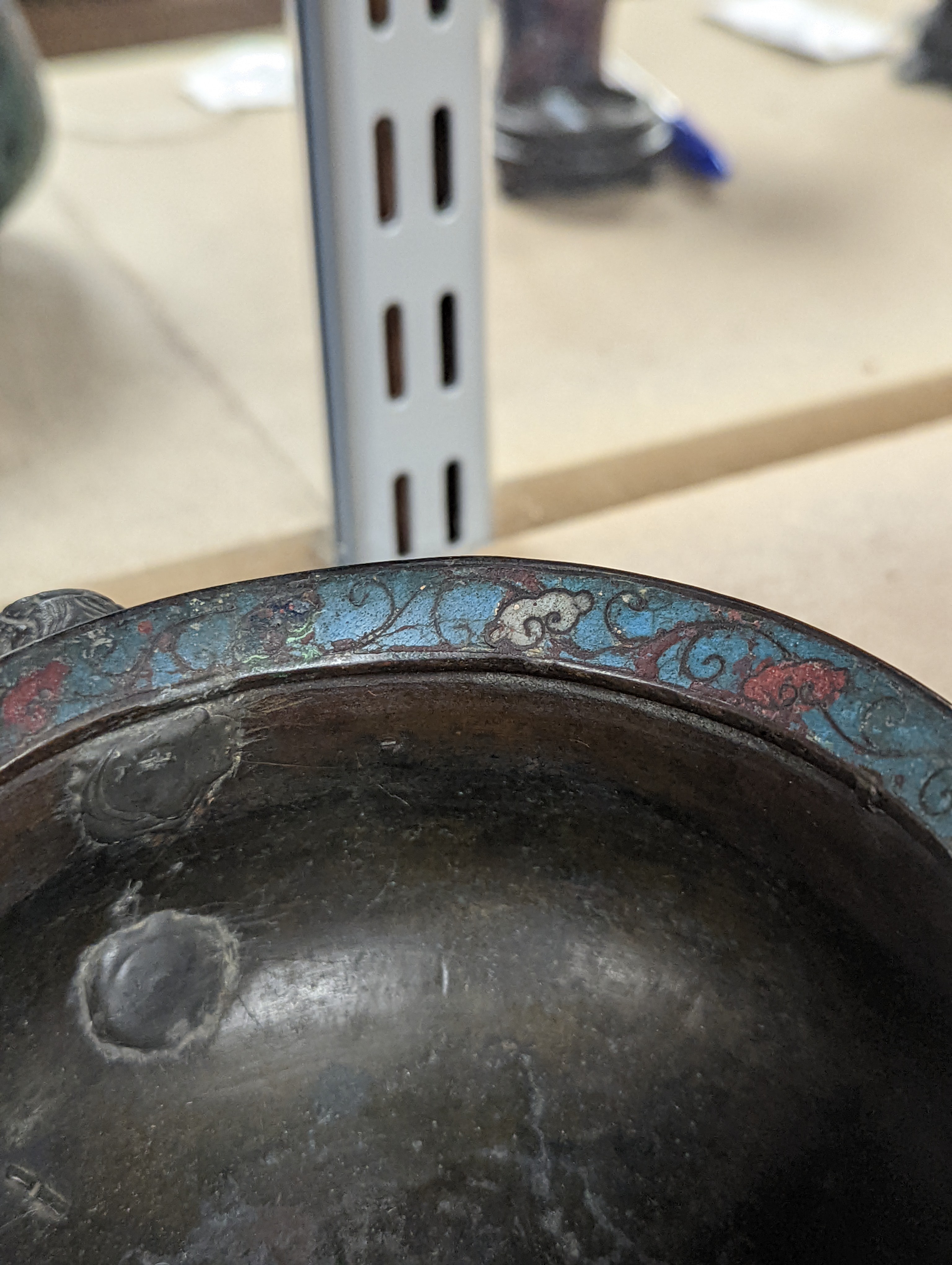 A Chinese late Ming dynasty bronze and cloisonné enamel ding censer 18cm